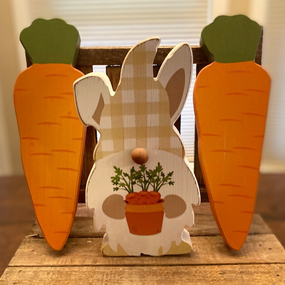 Easter Bunny Gnome Holding Carrots & Wood Carrot Decor Accents Bundle Of 3